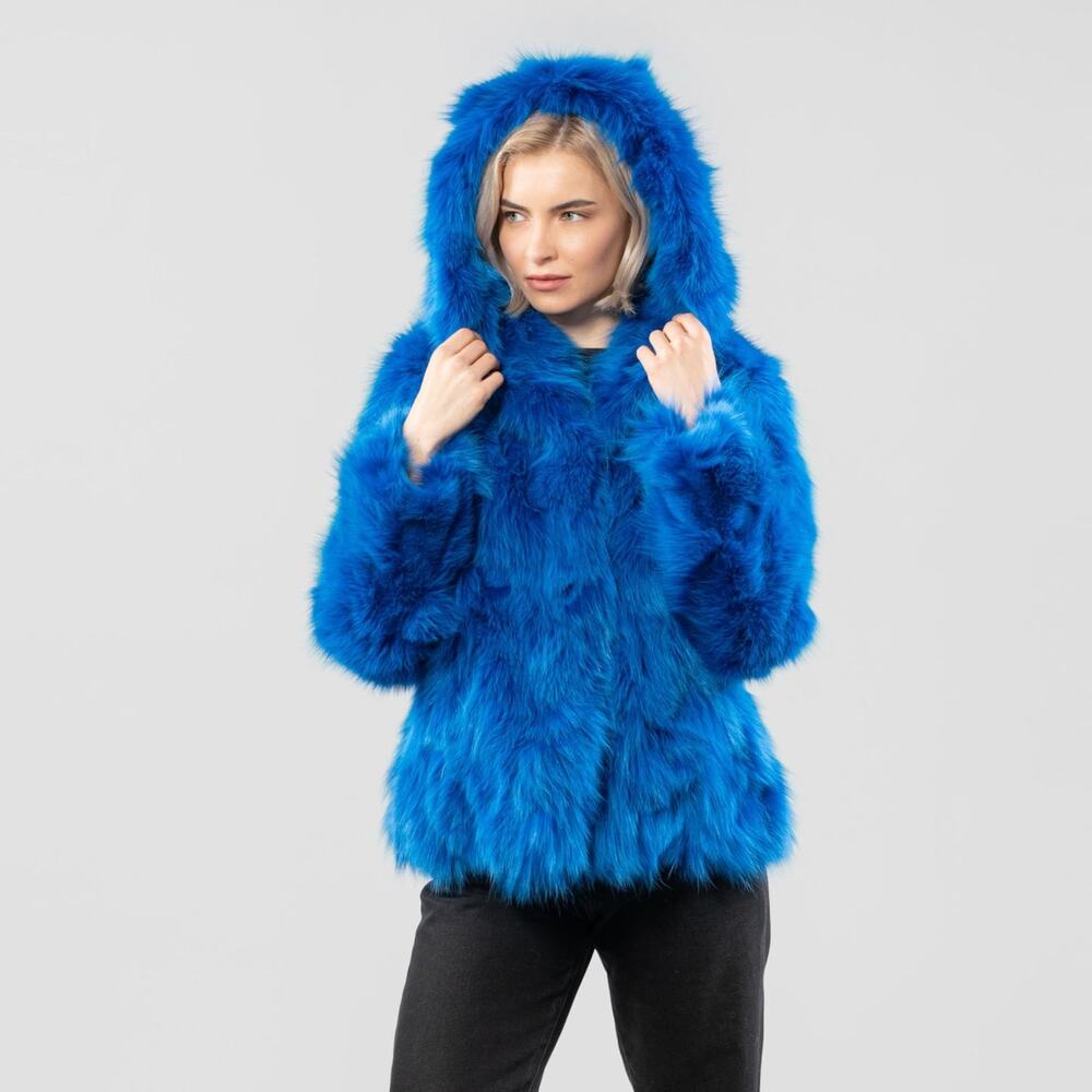 Brand New Women's Blue Natural Rabbit Fur Hooded Jacket Coat Size XL